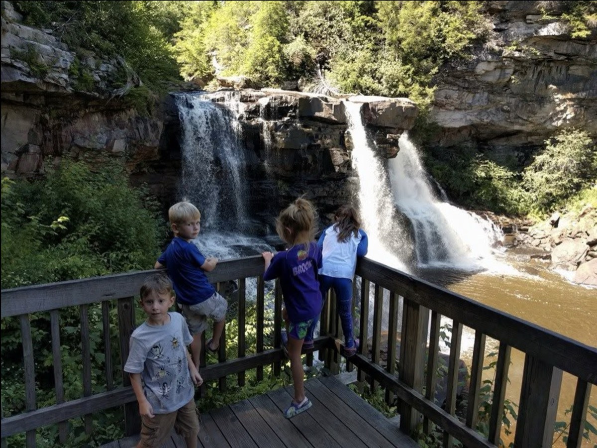 Three children climbing up on a wooden railing to look at Blackwater Falls, a fourth child turning back toward the camera.