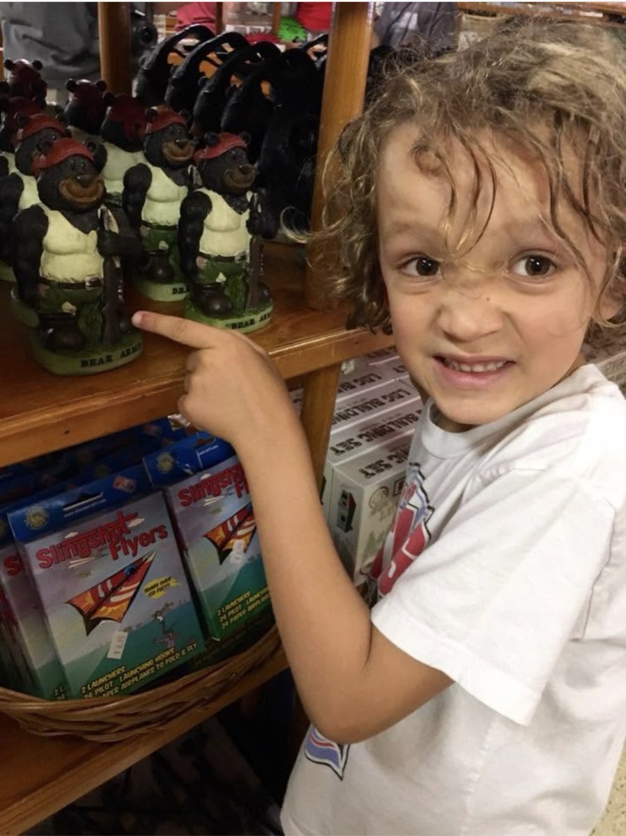 A grinning child with wet curly hair pointing at a shelf of carved black bear figurines in a gift shop, the base of each one lettered BEAR ARMS.