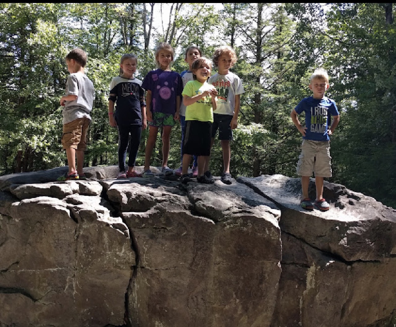 Seven children standing on top of a large cracked sandstone boulder in the woods, six clustered together on the left and one boy in a blue t-shirt standing apart on the right, tall summer trees behind them.