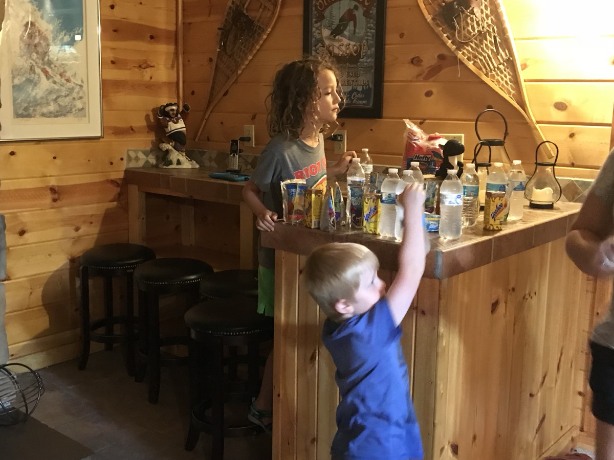 Two children at a wooden cabin bar counter crowded with water bottles, juice boxes and Yoo-hoo, one small boy reaching up for a bottle.