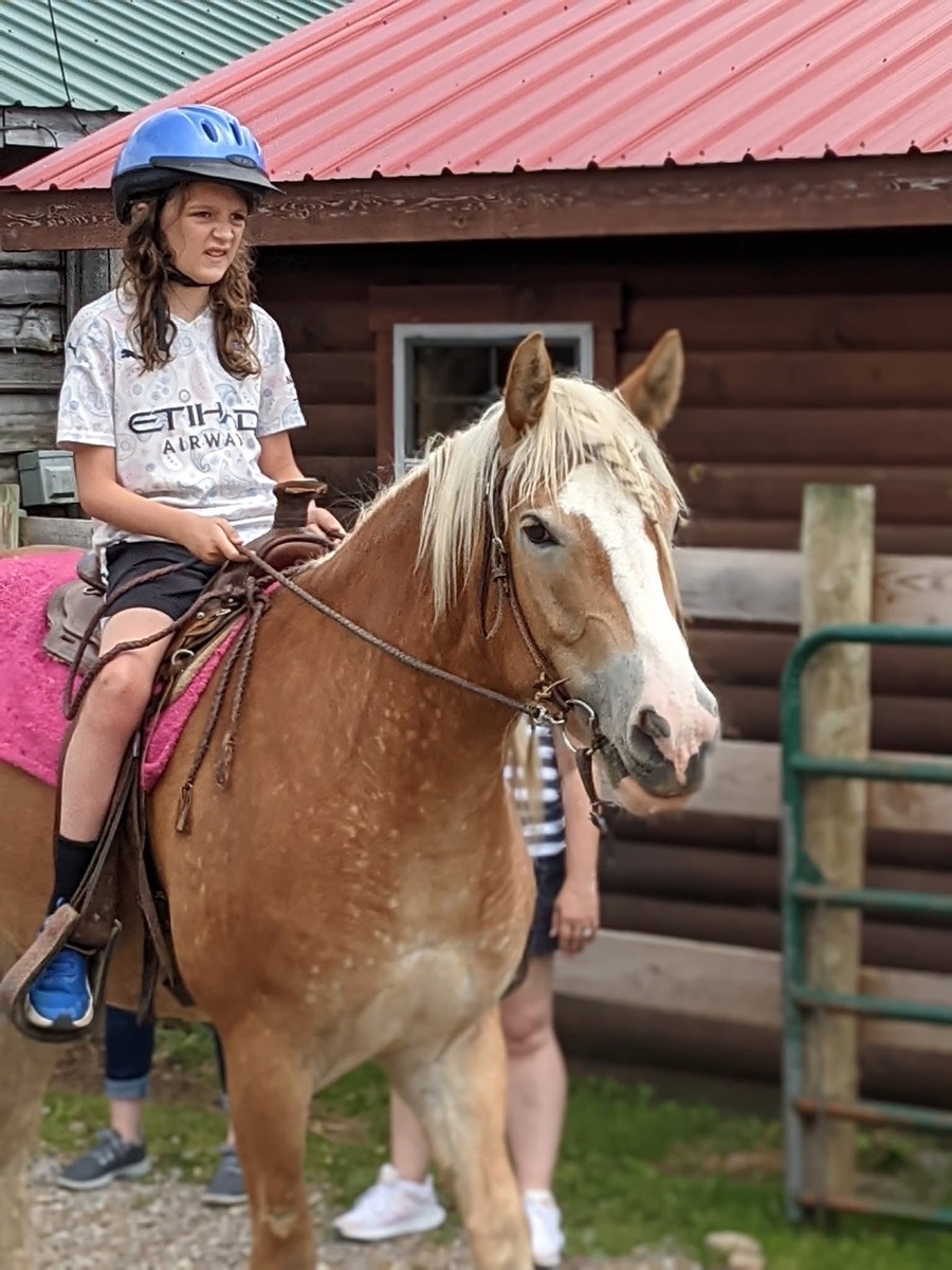 A girl in a blue helmet mounted on a palomino horse with a pink saddle blanket, in front of a log cabin with a red roof.