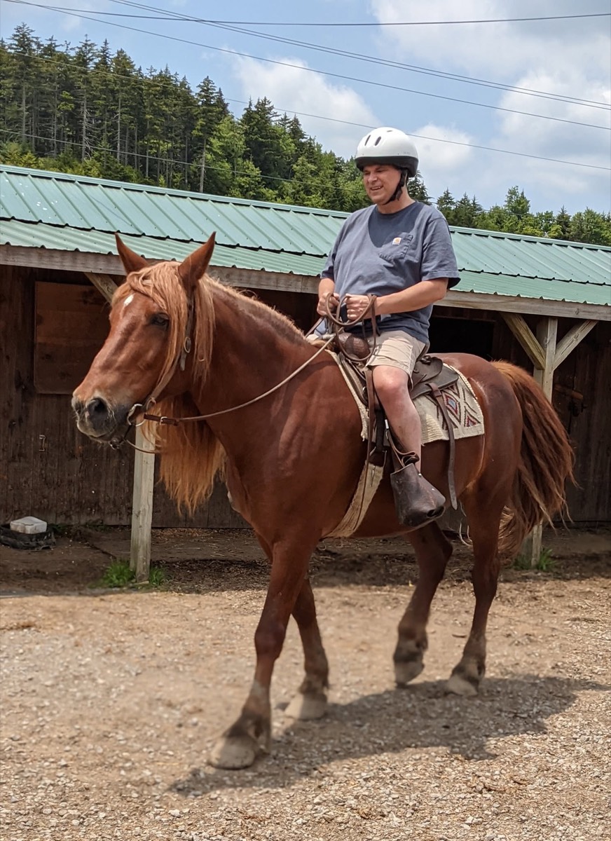 An adult in a white helmet riding a chestnut horse past a log building with a green metal roof.