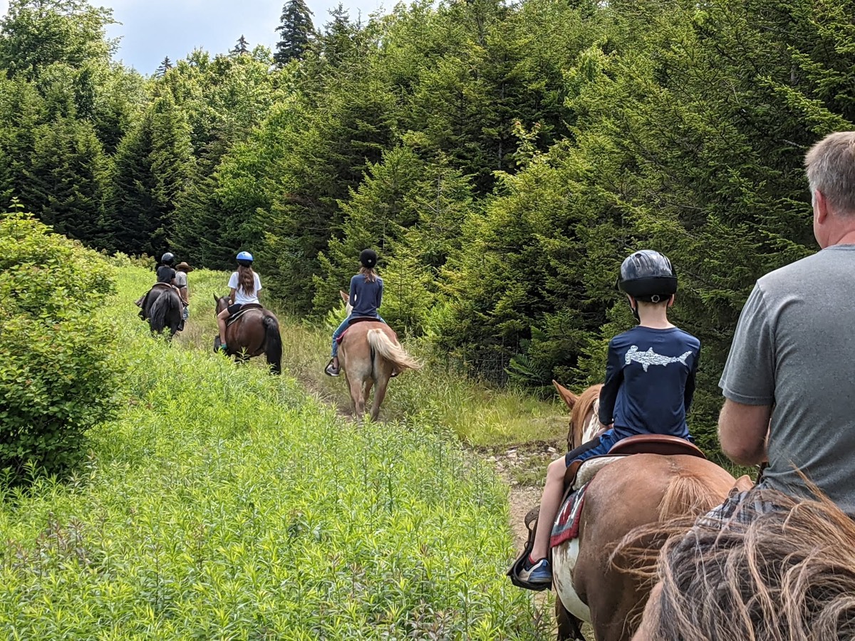 Several riders on horseback spread along a grassy hillside trail with woods behind, seen past a rider in the foreground.
