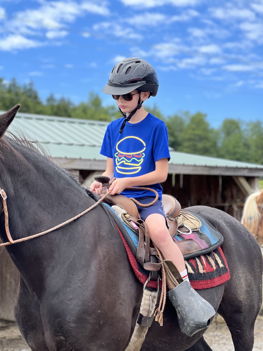 A boy in sunglasses, a riding helmet and a blue t-shirt with a hamburger graphic, sitting astride a dark horse.