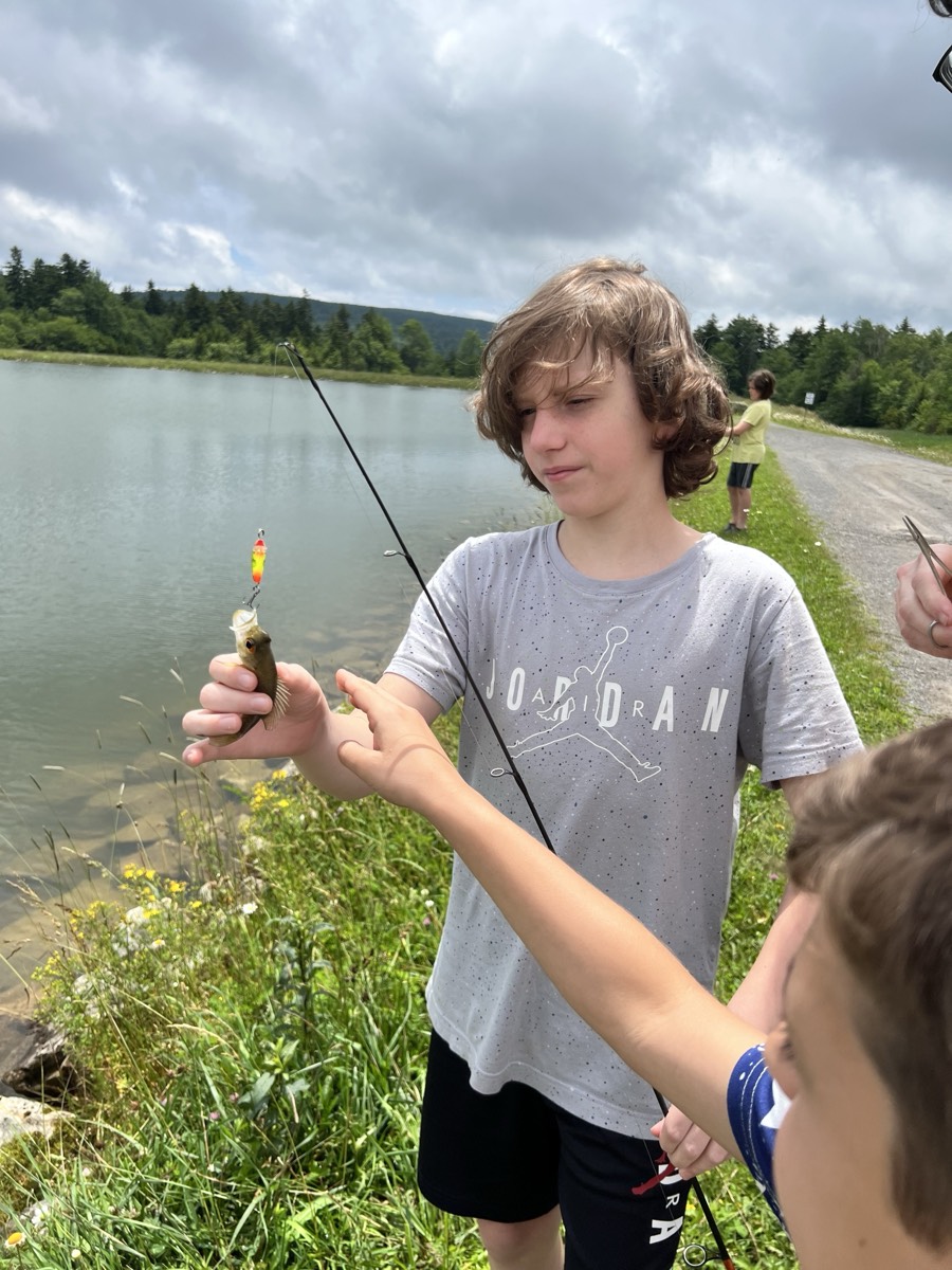 A boy in a gray Jordan t-shirt holding a small fish still attached to his line, a pond and treeline behind him.