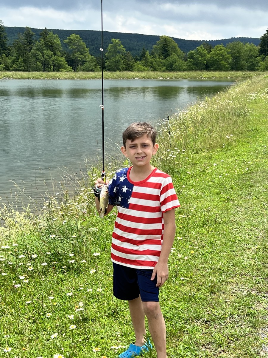 A boy in an American flag t-shirt standing in the grass by the pond, holding up a rod with a small fish on the line.