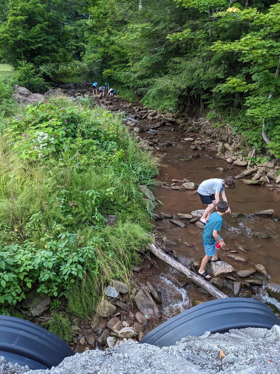 A shallow creek seen from above running between steep green banks toward two large culvert pipes, a child crossing the rocks in the middle of it.