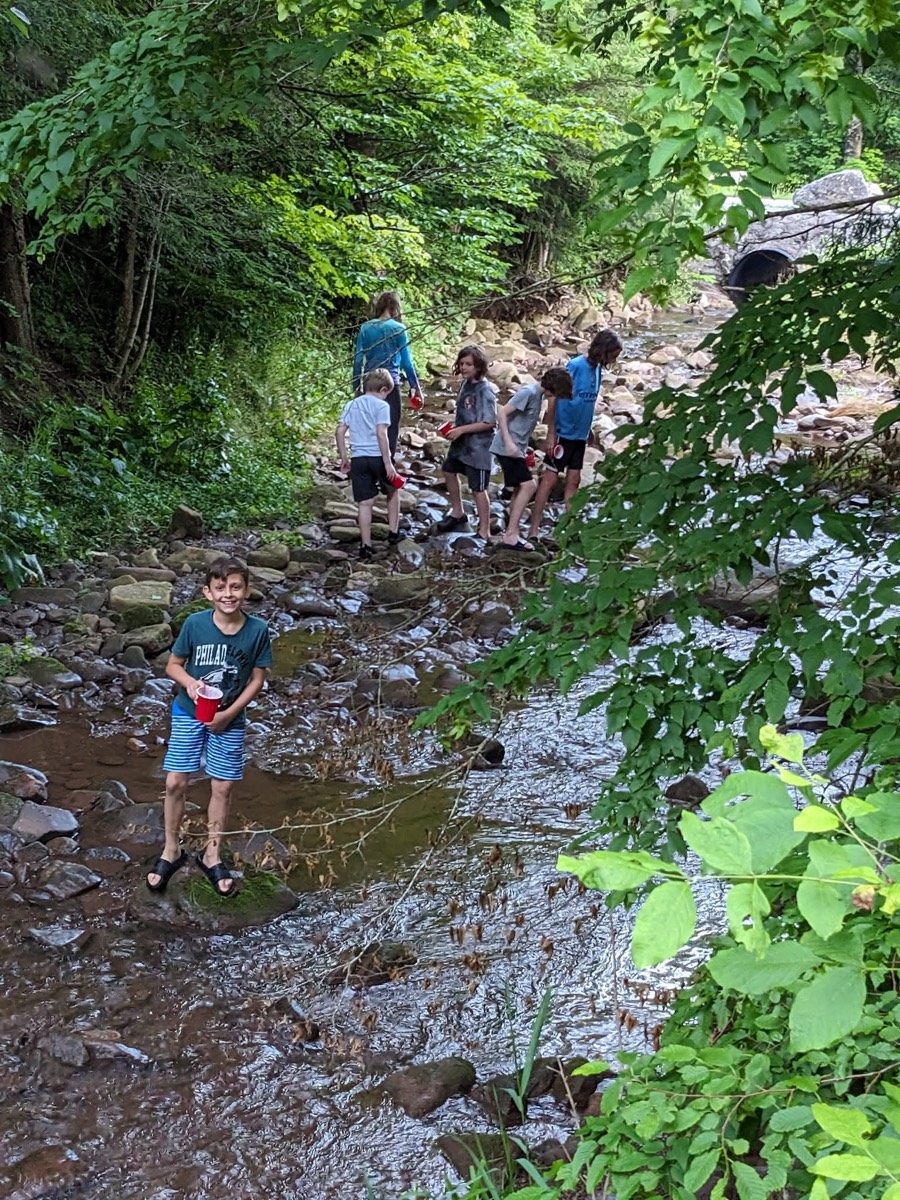 A boy standing in a rocky creek looking at the camera, with several other children and adults spread along the wooded bank upstream behind him.