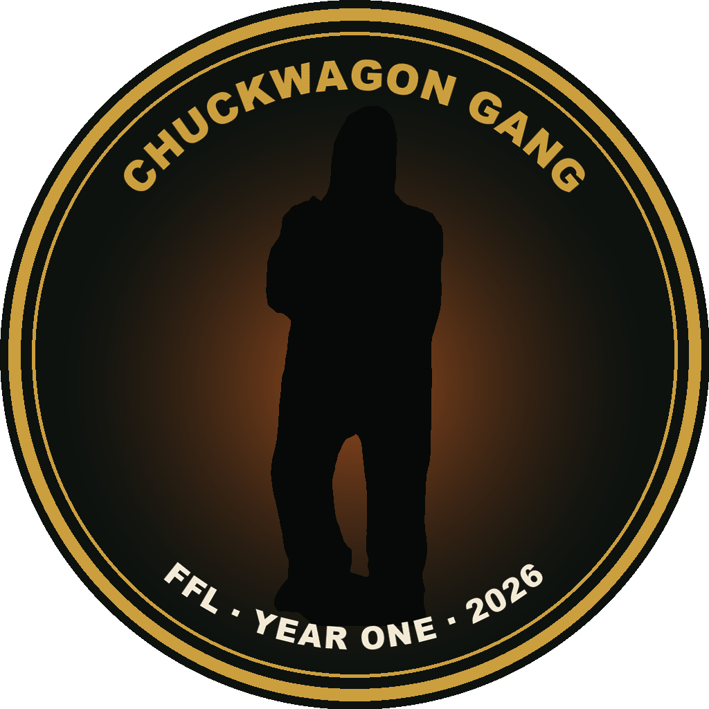 Chuckwagon Gang FFL league badge: a gorilla silhouette backlit by a campfire glow inside a brass ring