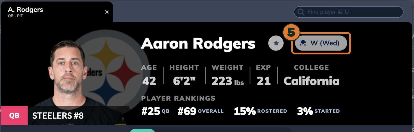 The top of a Sleeper player card for Aaron Rodgers. To the right of his name are a star button and a button reading W (Wed), which is outlined and numbered 5.