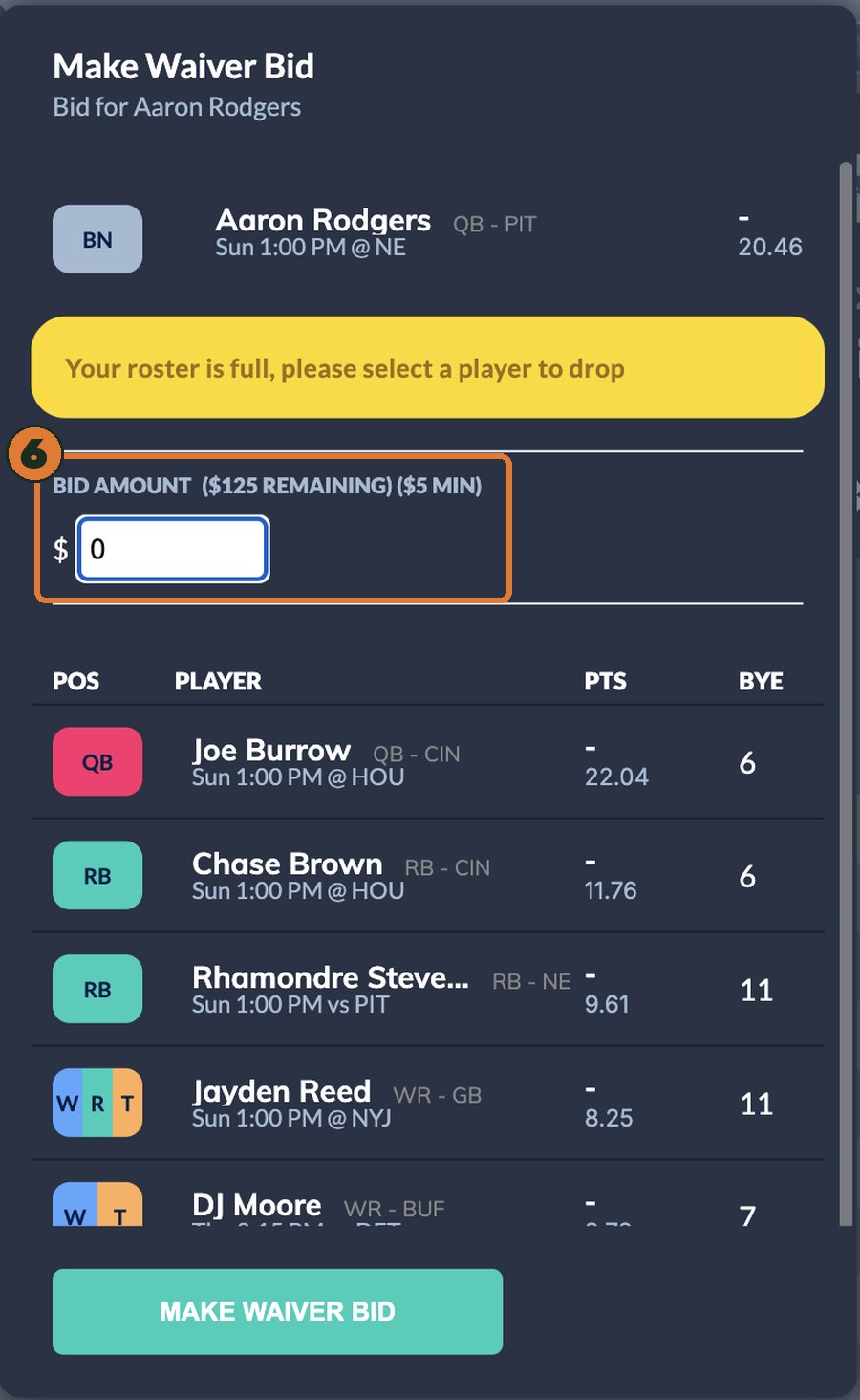 The Make Waiver Bid window on Sleeper. The Bid Amount box, labeled $125 remaining and $5 minimum, is outlined and numbered 6.