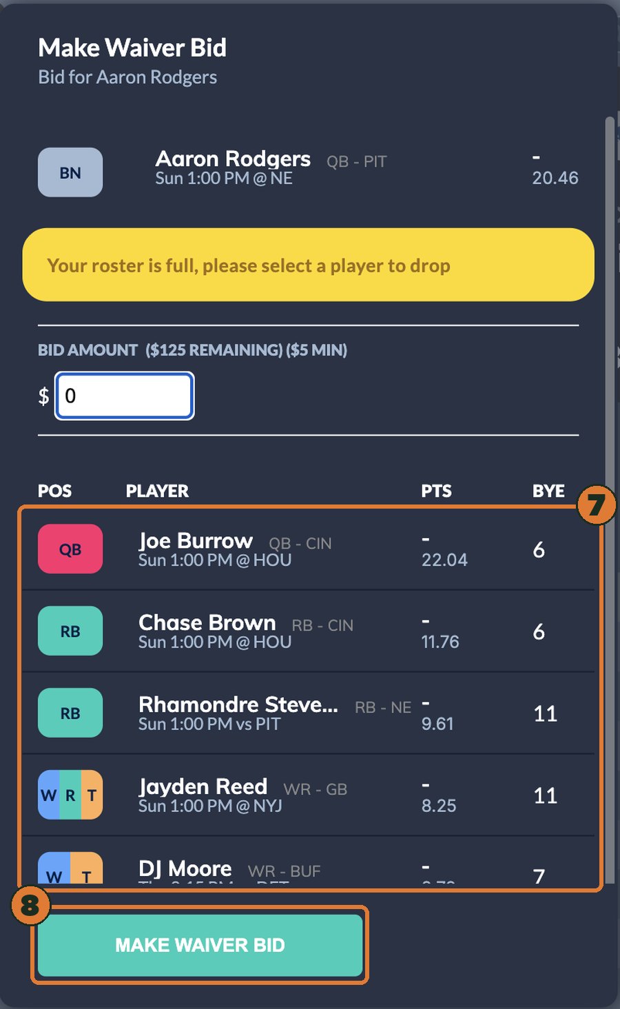 The same Make Waiver Bid window. The list of players on the bidder's roster is outlined and numbered 7, and the Make Waiver Bid button at the bottom is outlined and numbered 8.